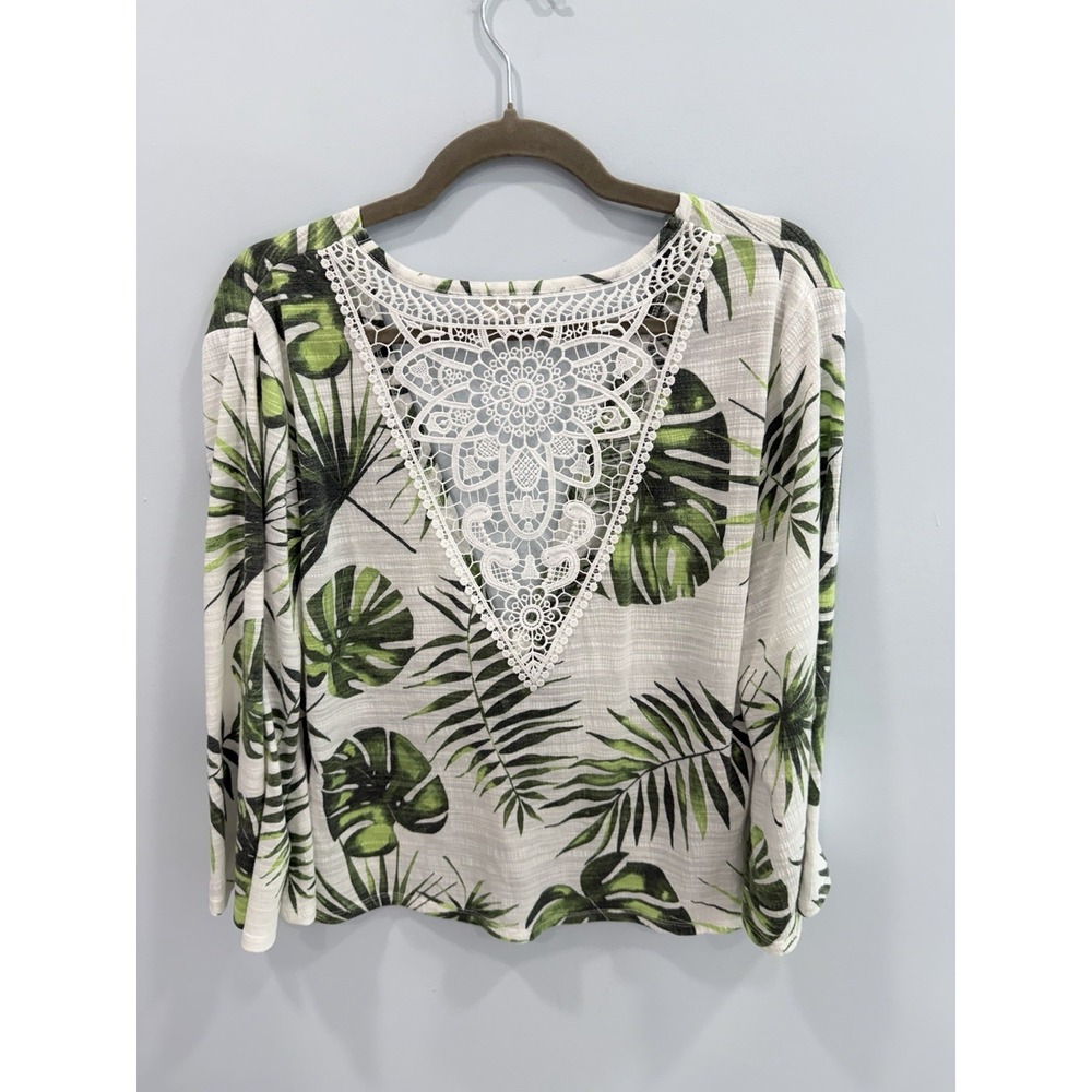 Cato Tropical Palm Print Crochet Back Top M Bell Sleeve Beachy Boho Chic - Picture 3 of 9
